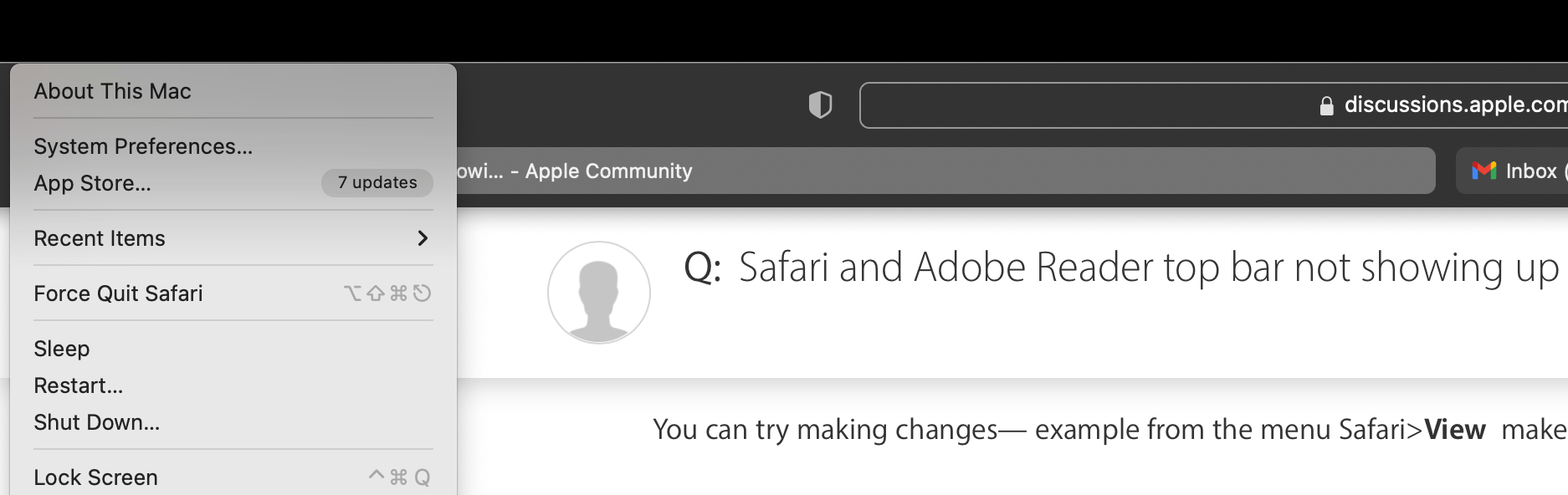 Safari and Adobe Reader top bar not showi… Apple Community