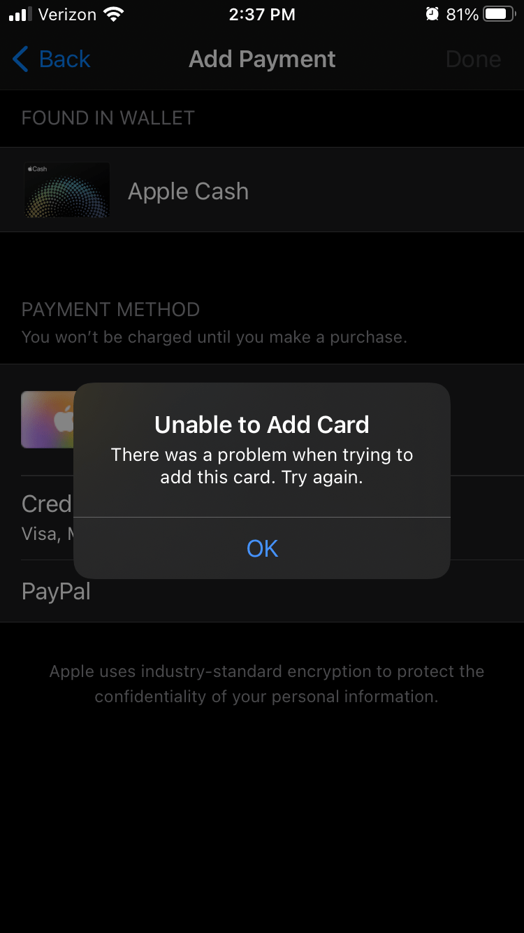 Unable to add Apple Cash as a payment type Apple Community