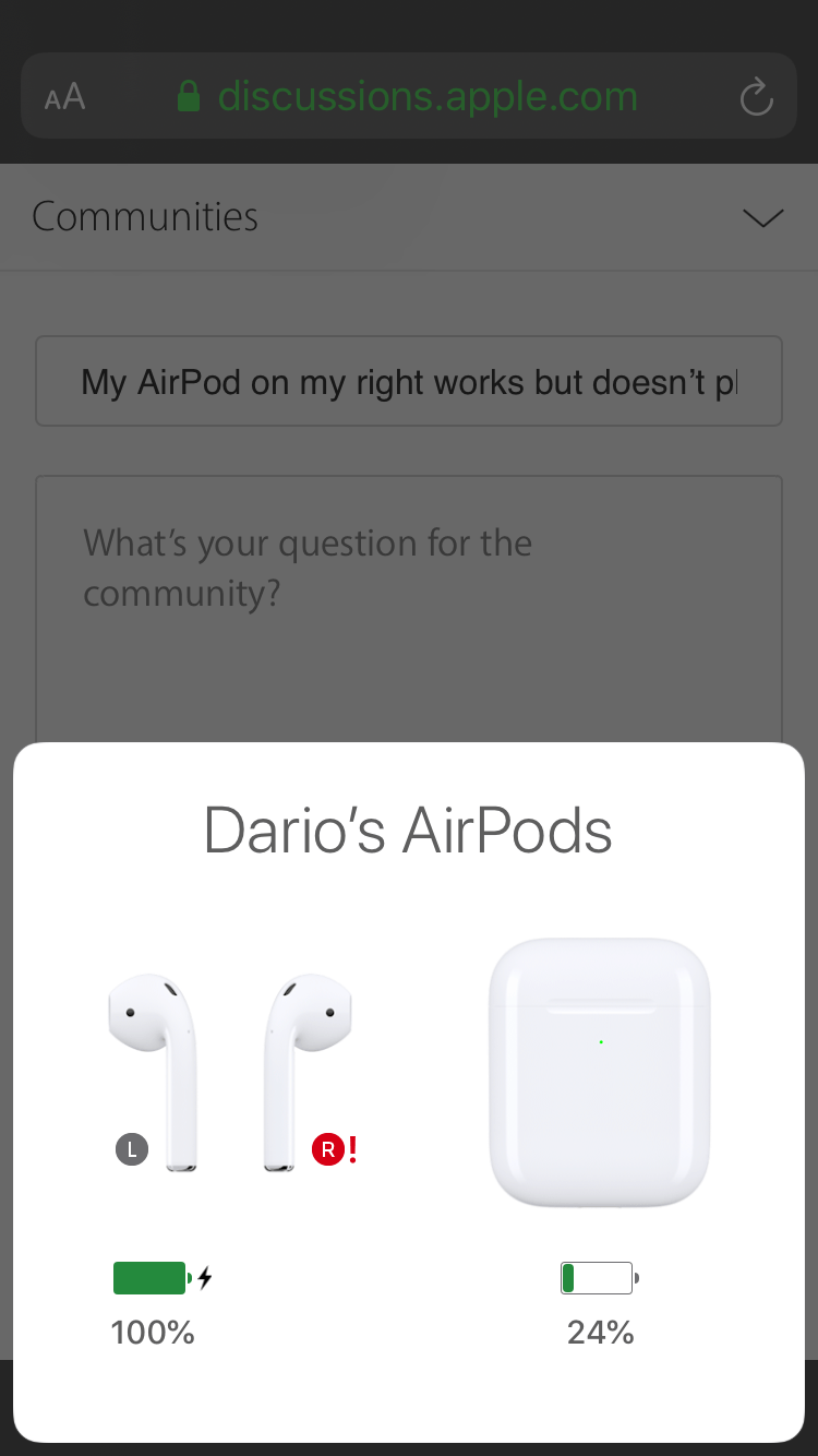 My AirPod on my right works but doesn’t p… Apple Community