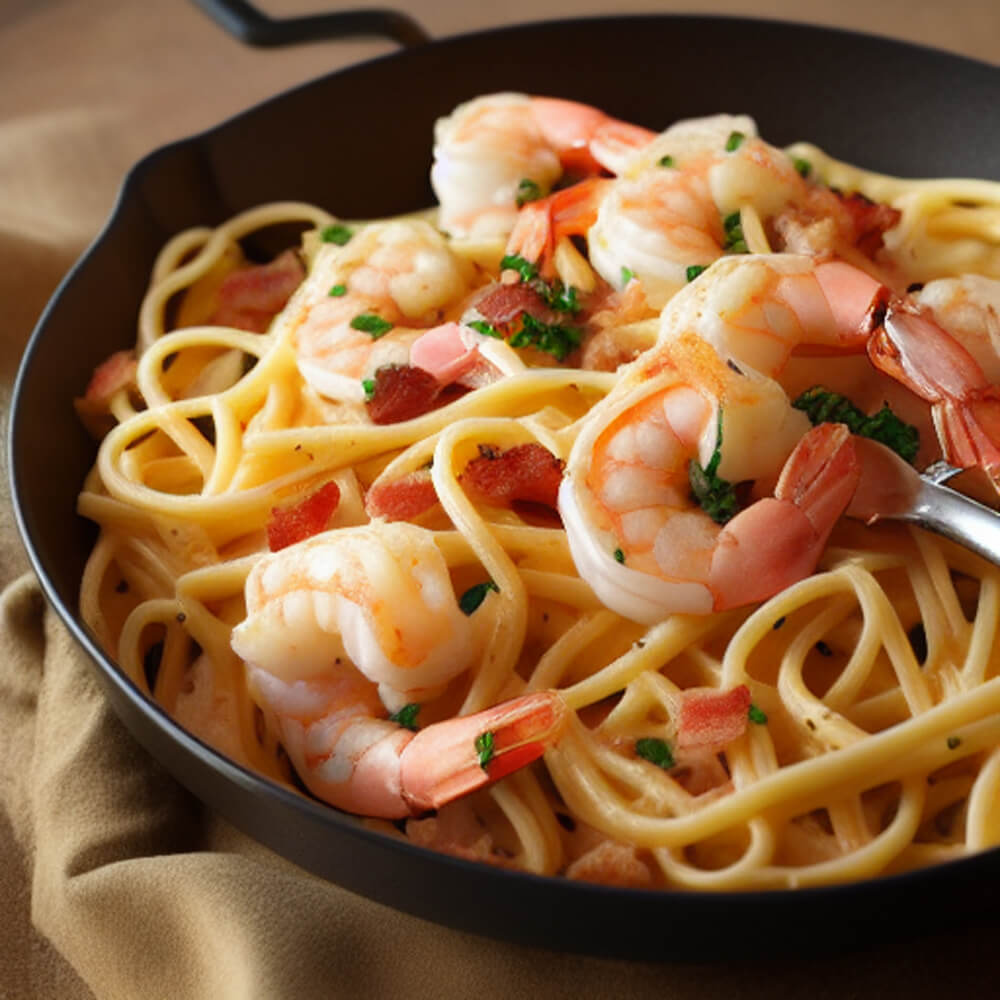 Shrimp and Bacon Pasta Carbonara Dishes & Dust Bunnies
