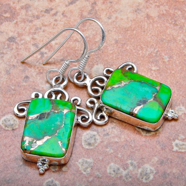 Green Copper Turquoise Sterling Earrings, Divining Mind
