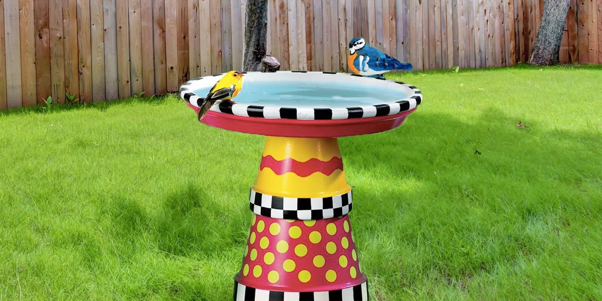 MacKenzie Childs Inspired Art Deco Bird Bath Created Out of Terra Cotta