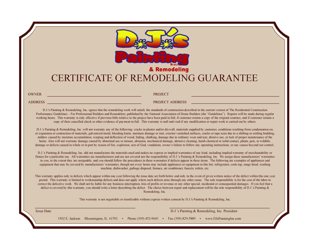 DJ’s Painting & Remodeling Inc. Warranty