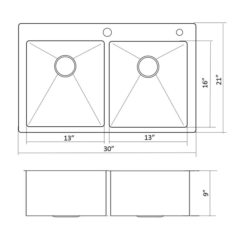 30"x21" SmallRadius 16 Ga Double (50/50) Topmount Kitchen Sink (KTSR3021D) Discount Kitchen