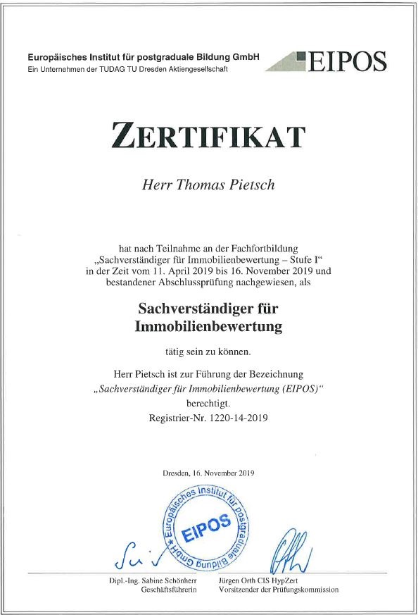 Thomas Pietsch Sachverständiger für Immobilienbewertung (EIPOS) Dr