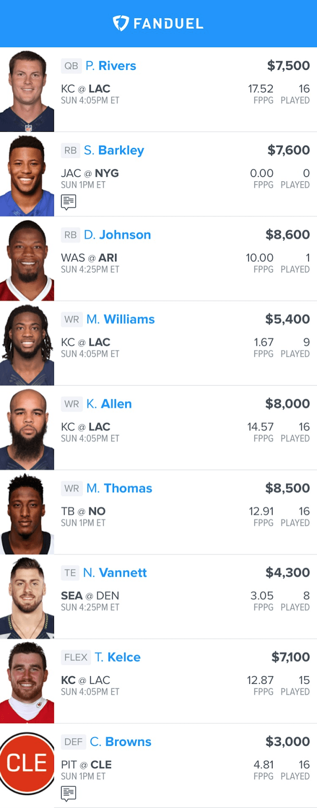 FanDuel Lineups for Week 1 DK Legends