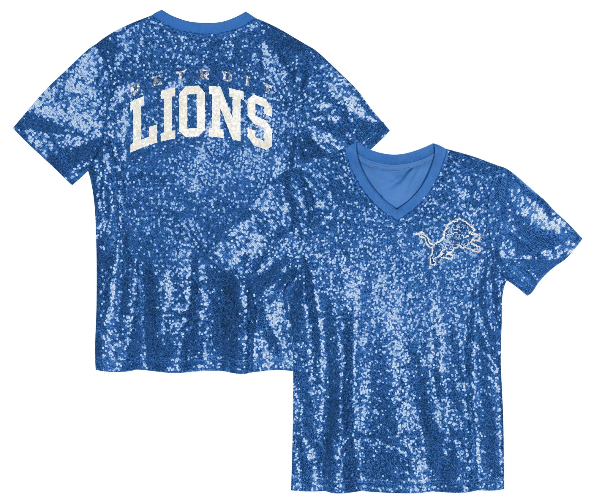 NFL Team Apparel Girls' Detroit Lions Glamour Sequins Blue Junior T