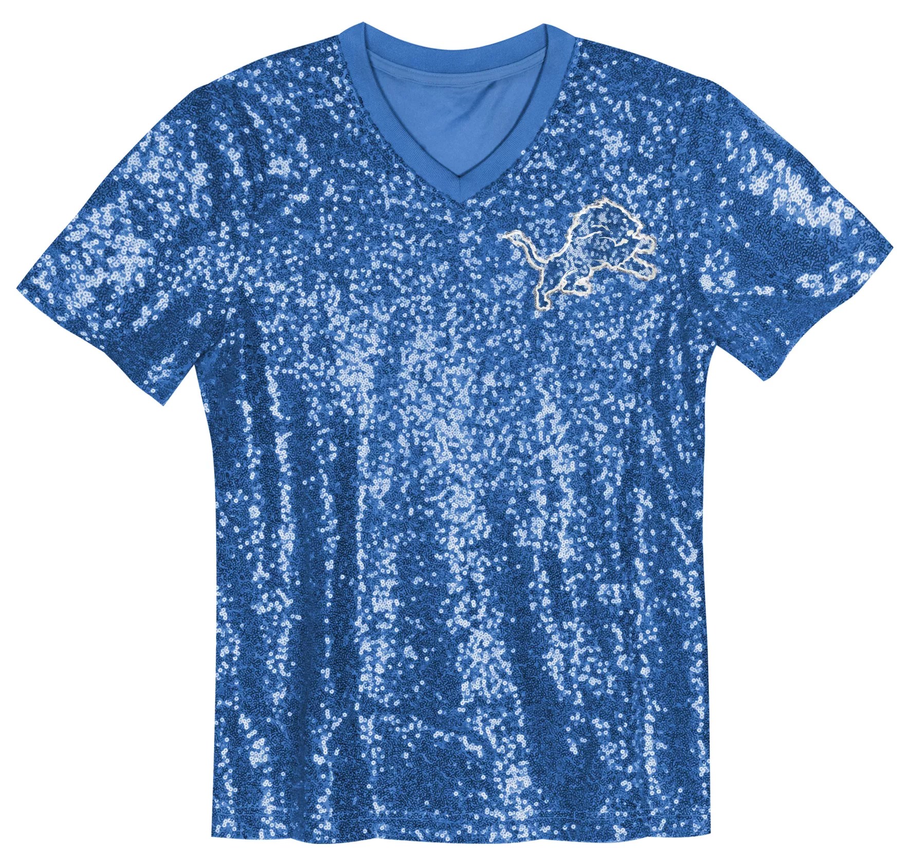 NFL Team Apparel Girls' Detroit Lions Glamour Sequins Blue Junior T