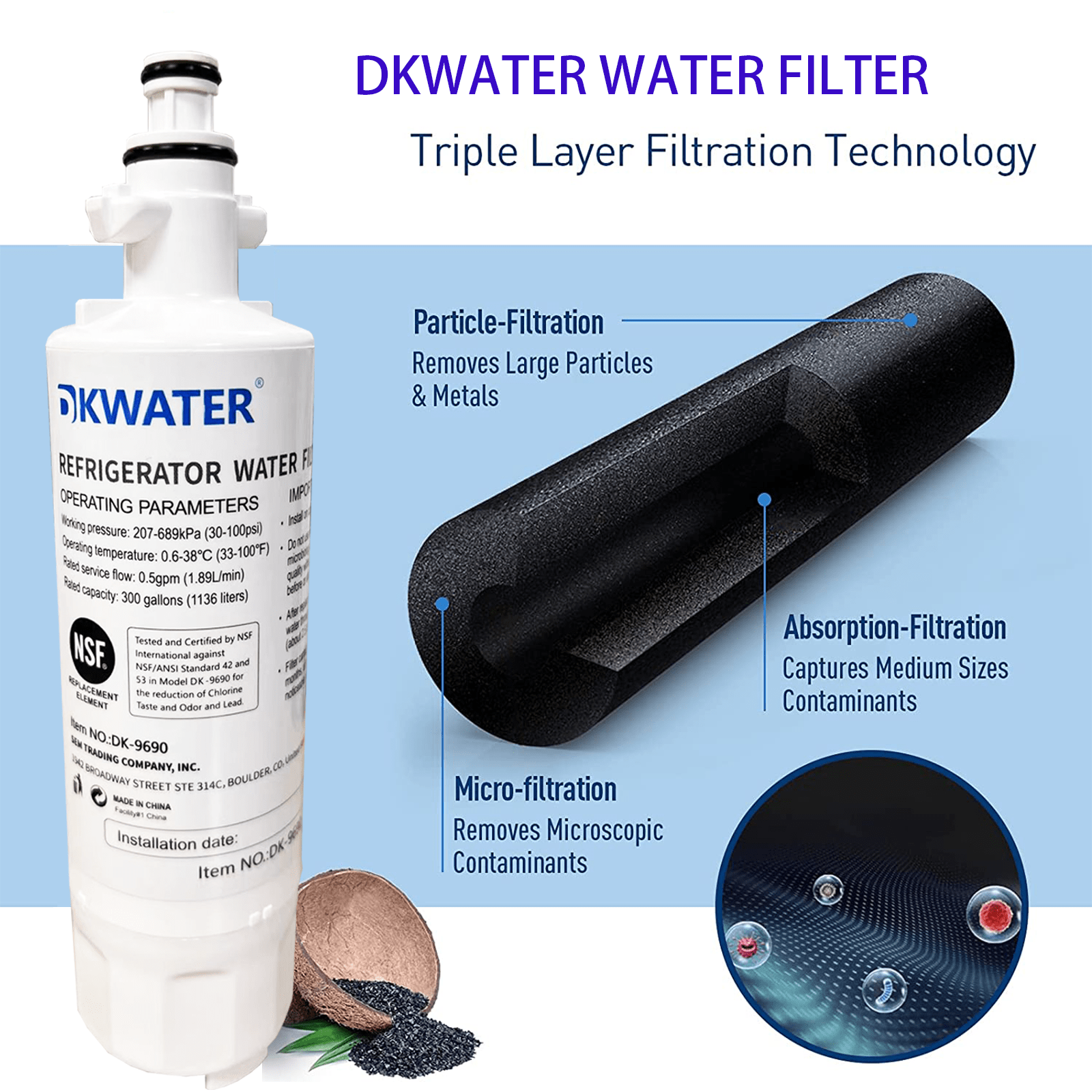 DKWATER DK9690 Water Filter, Compatible with LG LT700P Kenmore 9690, 46