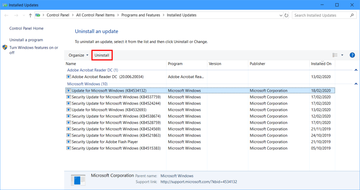 How to uninstall or remove installed Windows update