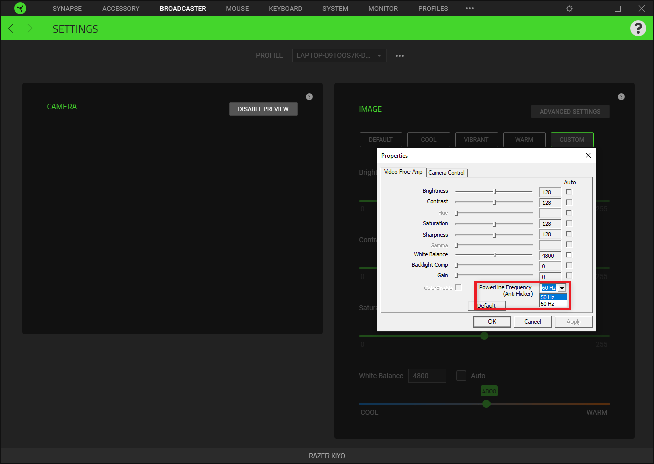 Why is the video recording from the Razer Kiyo Pro flickering or banding?