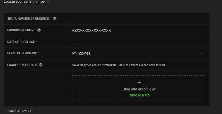 I cannot register my Razer device because either the serial number or