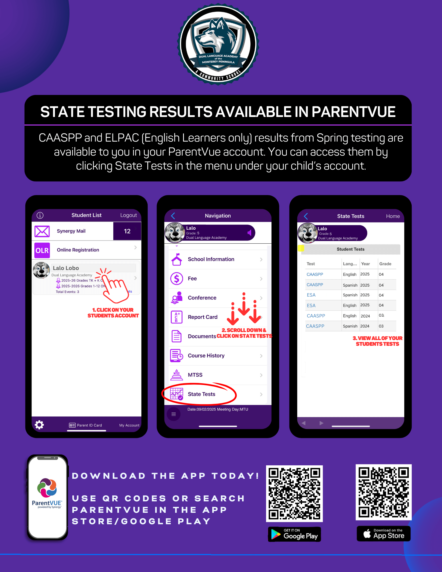 View Your Child's State Testing Results & More in ParentVUE! Dual