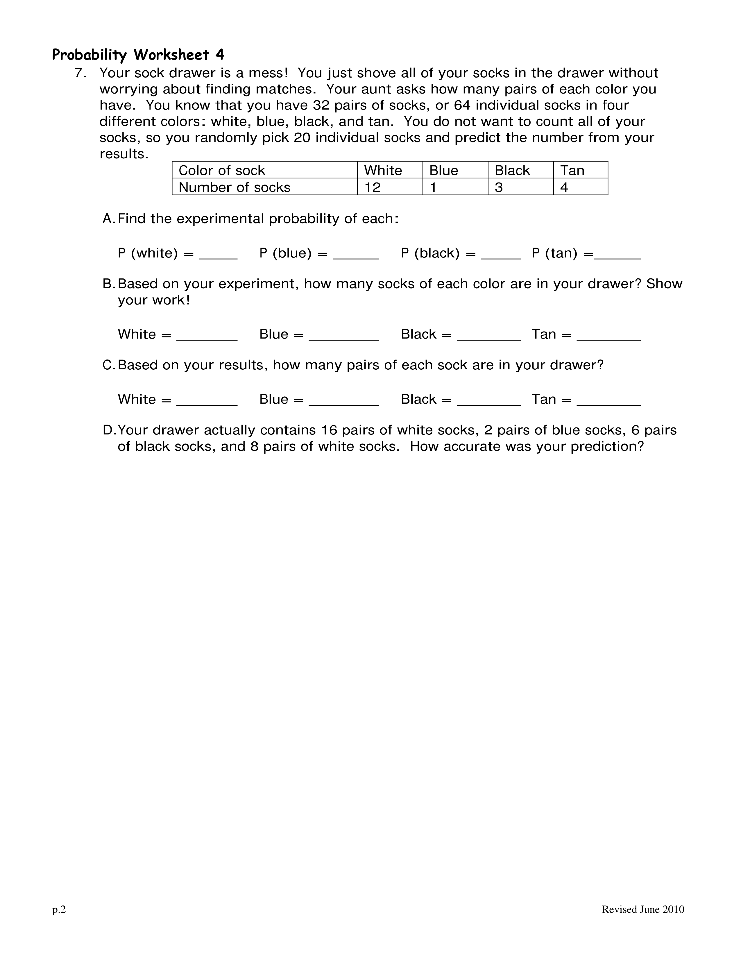 Probability Worksheet 4 - Experimental vs. Theoretical - Ellie Keefe