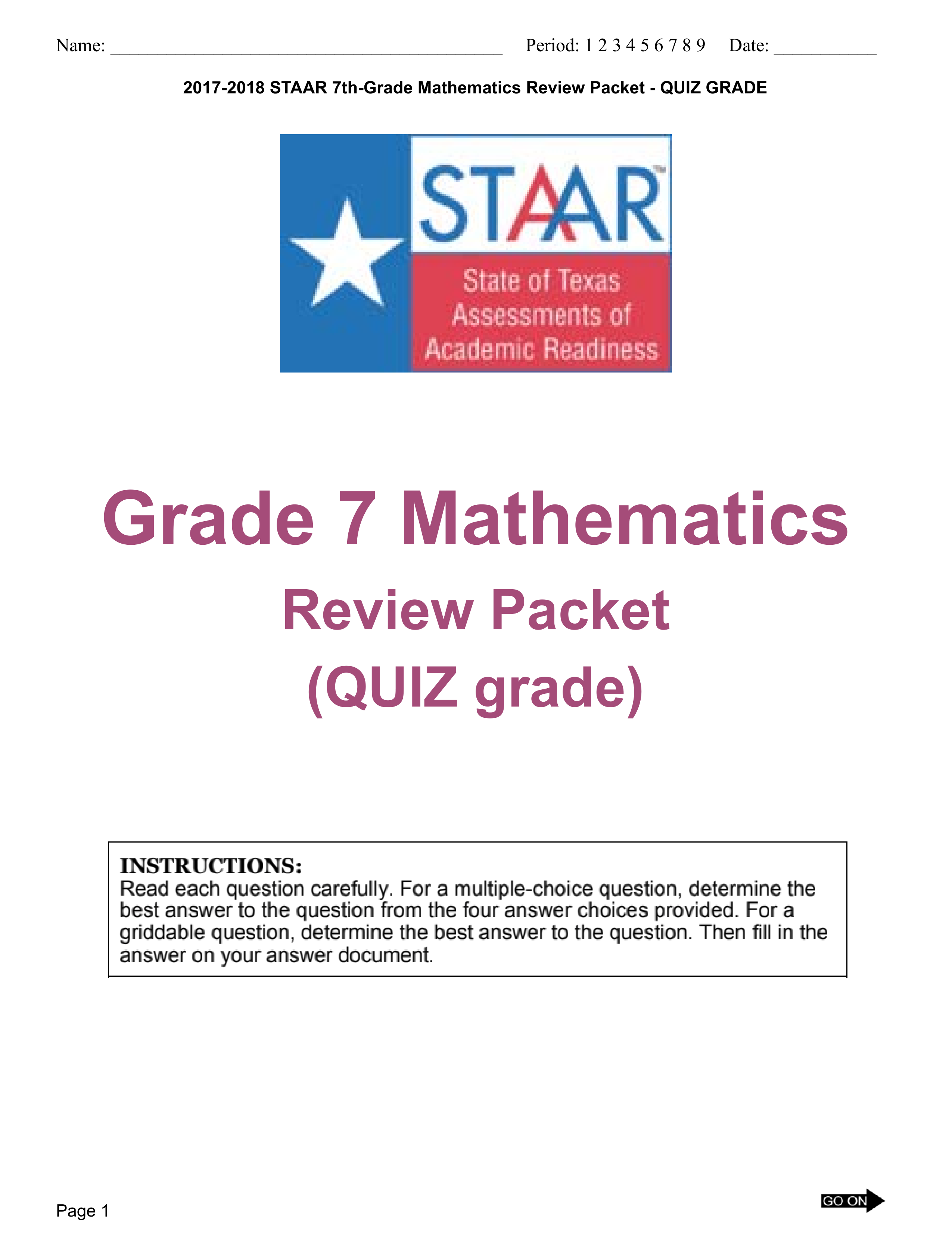 20172018 STAAR 7thGrade Mathematics Review Packet Jenny Santiano