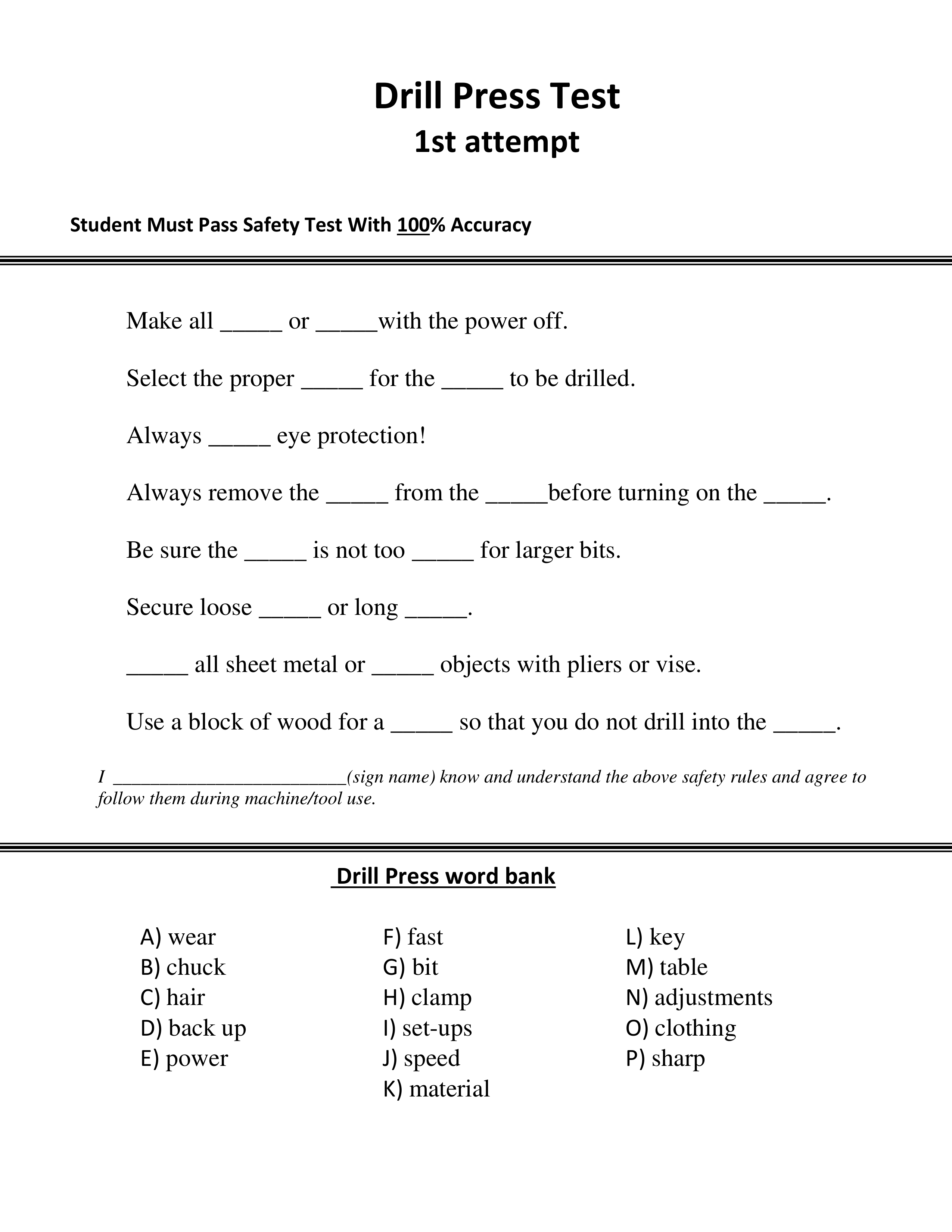 Drill Press Safety Test 20172018 Brad Bailey Library Formative