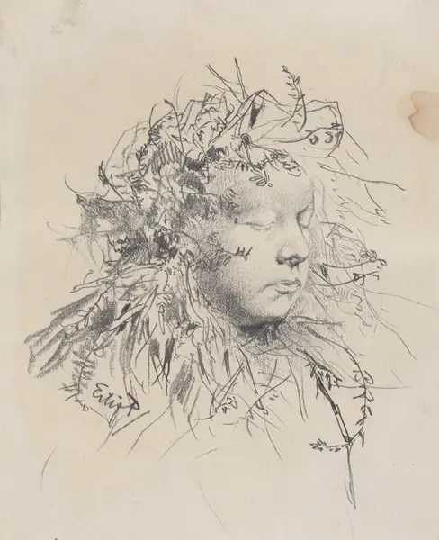 Jente med blomster i håret [Tegning] Nasjonalmuseet