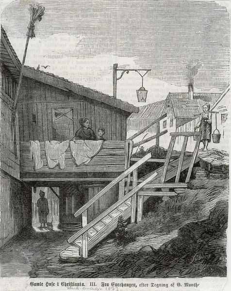 Gamle Huse i Christiania III, Fra Enerhaugen [xylografi] Oslo Museum