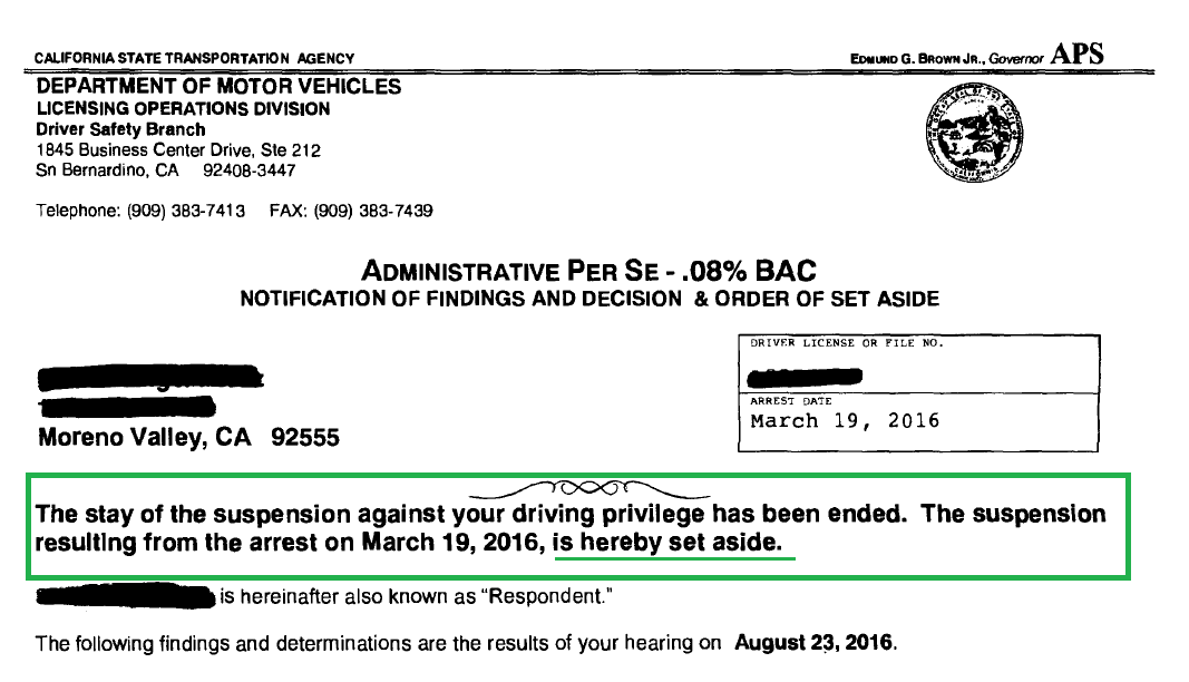 DMV Victory DUI Hearing San Bernardino Driver Safety Office