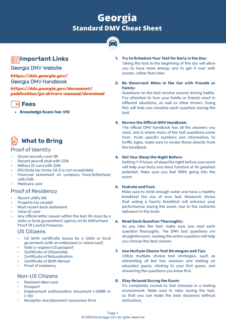 DMV Standard Cheat Sheet DMV Advantage