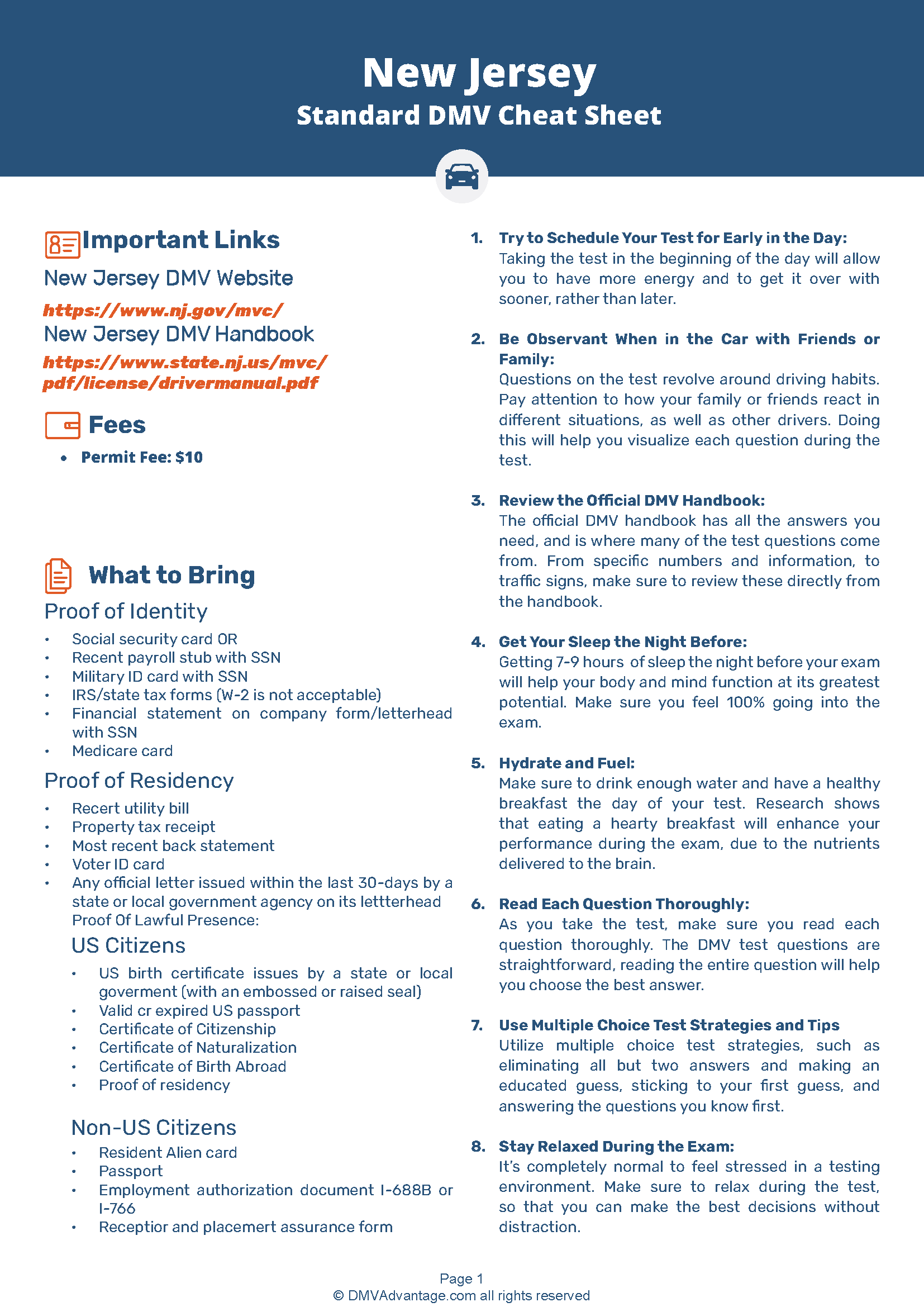 New Jersey DMV Standard Cheat Sheet DMV Advantage