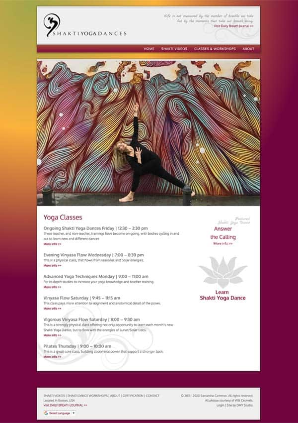 Shakti Yoga Dance DMY Studio site Design
