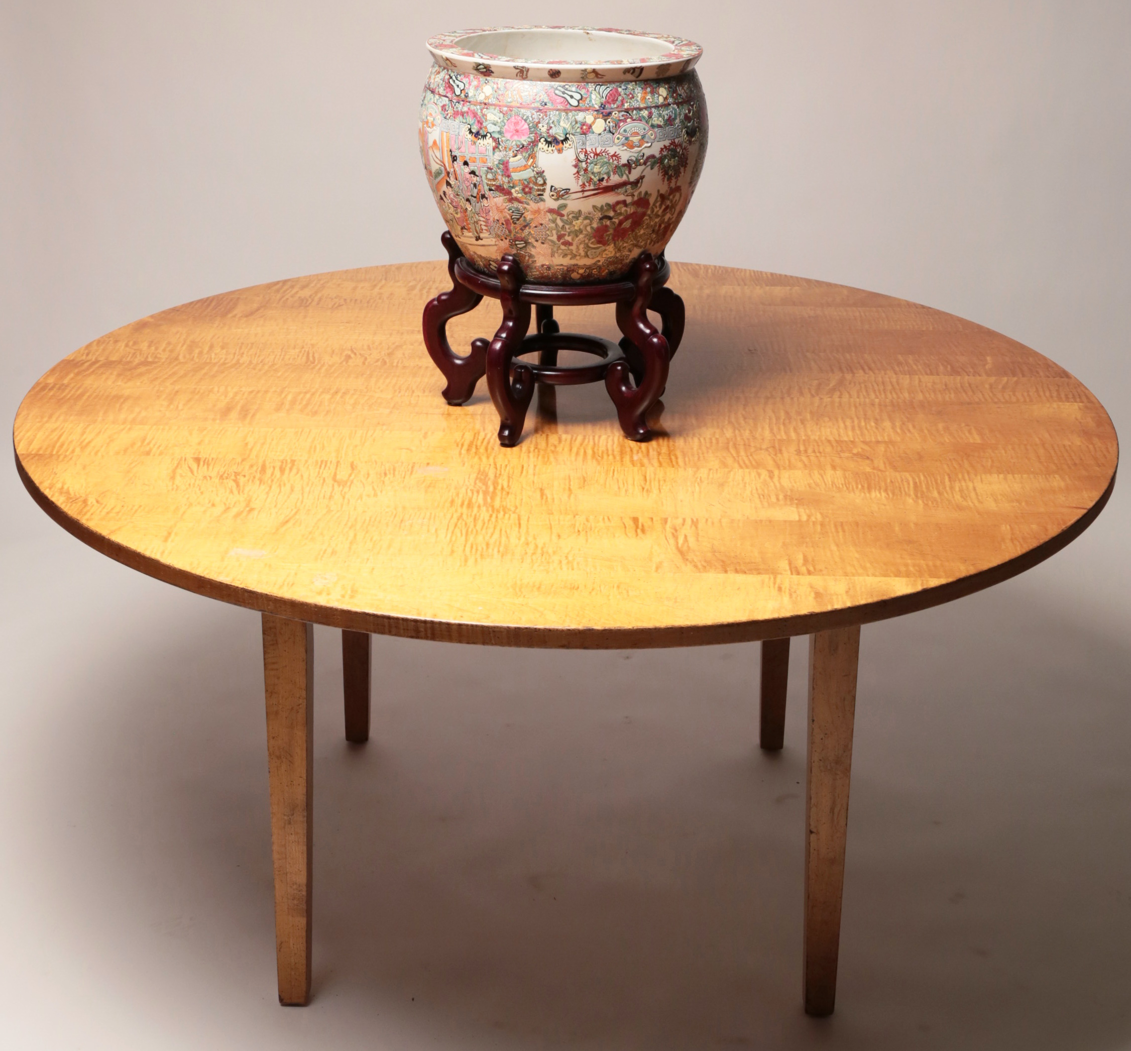 Antique Furniture Round Tiger Maple Table Manufactured by the Wright