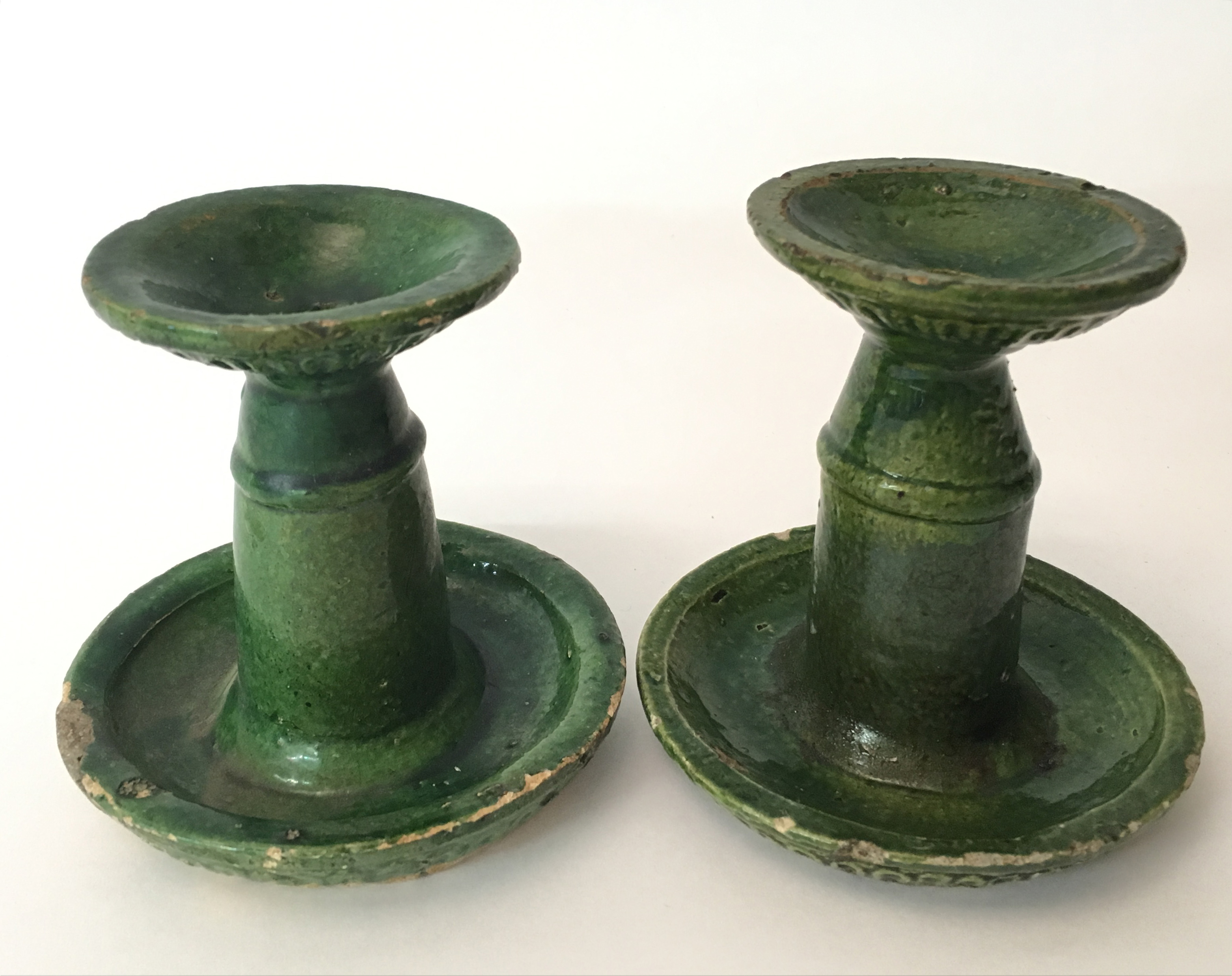 Two 19th Century Chinese Green Glaze Clay Candlesticks Rafael Osona