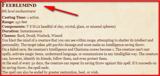Feeblemind 5E Spell In DnD D&D 5e Character Sheets