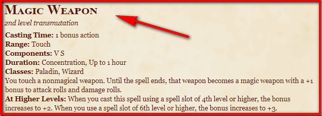 Magic Weapon 5E Spell In DnD D&D 5e Character Sheets