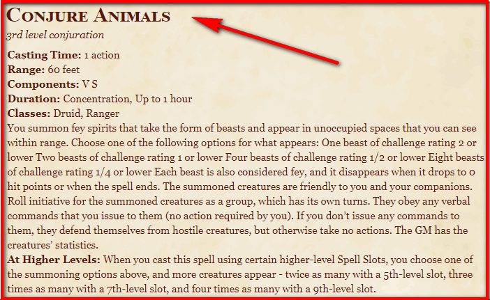 Conjure Animals 5E Spells In DnD D&D 5e Character Sheets