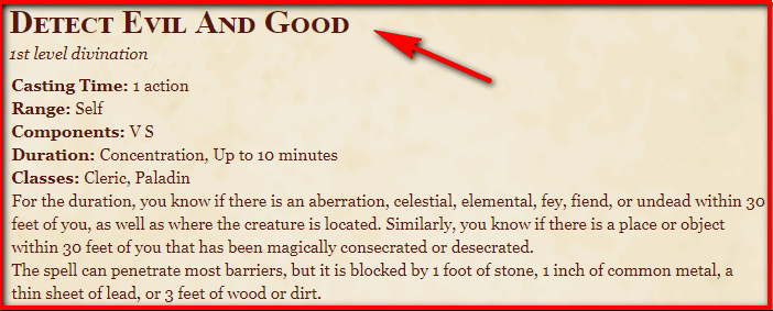Detect Good and Evil 5e Spell In DnD D&D 5e Character Sheets