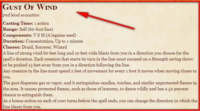 Gust Of Wind 5E Spell In DnD D&D 5e Character Sheets
