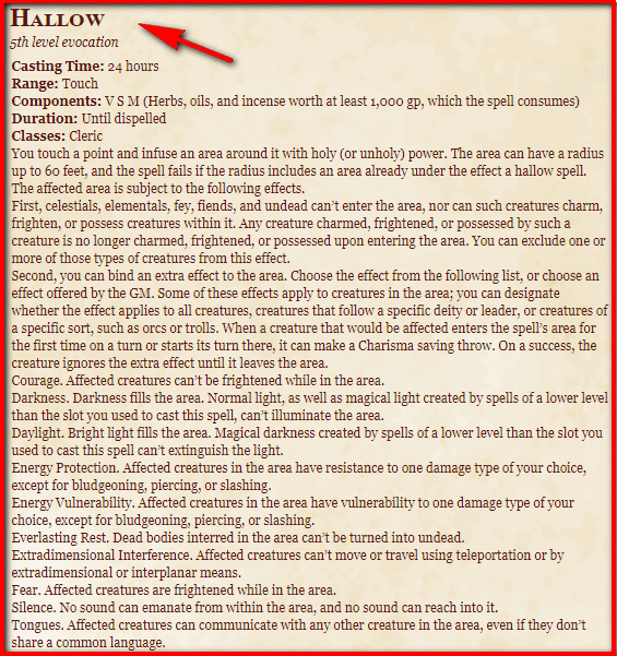 Hallow 5E Spell In DnD D&D 5e Character Sheets
