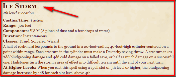 Ice Storm 5E Spell In DnD D&D 5e Character Sheets