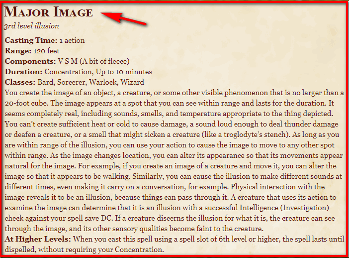 Major Image 5E Spell In DnD D&D 5e Character Sheets