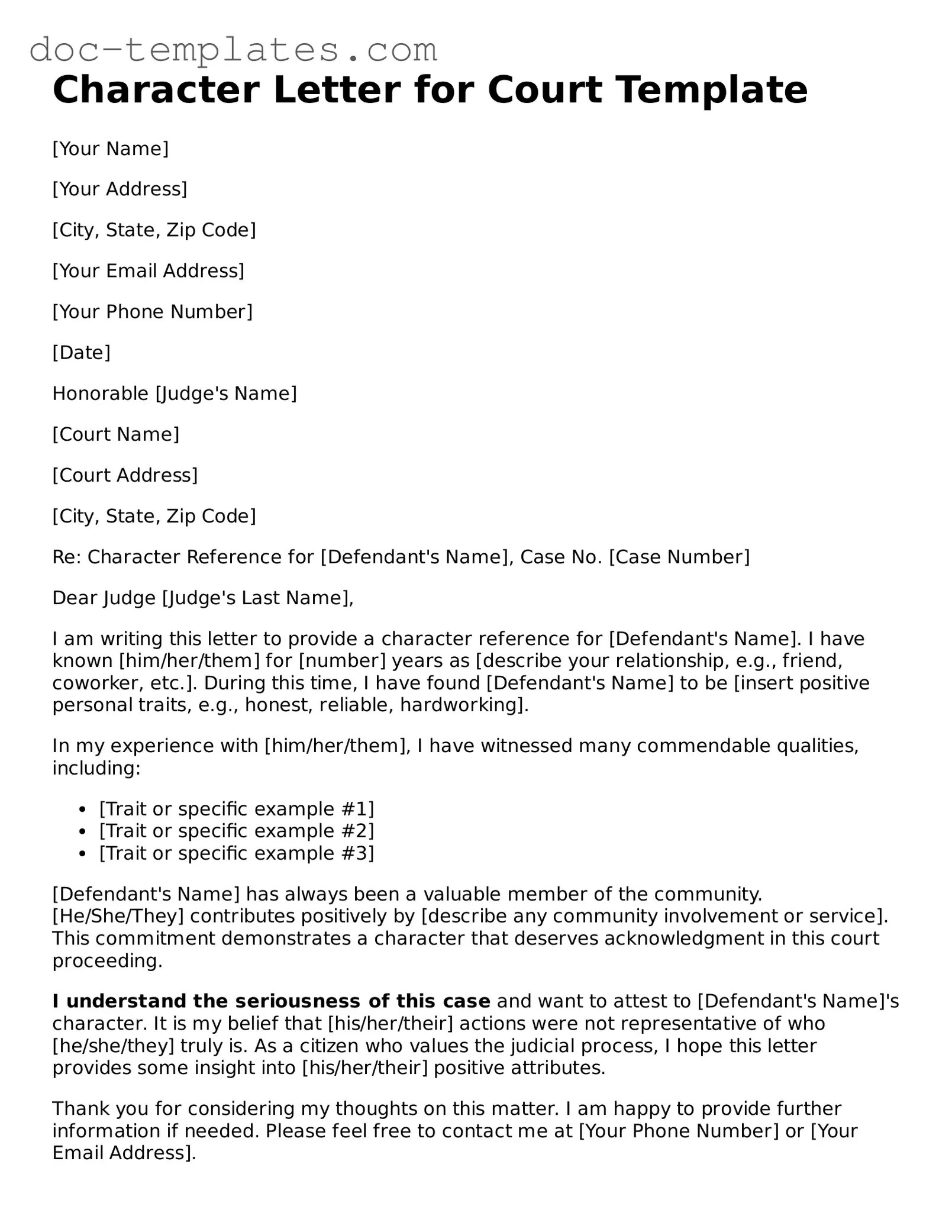 Free Character Letter for Court Forms - Printable Template