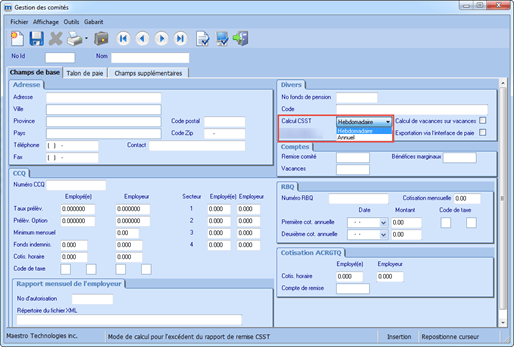 Configuration de la CSST pour la paie canadienne