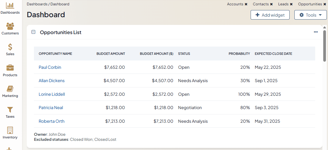 Opportunities List OroCRM and OroPlatform Documentation