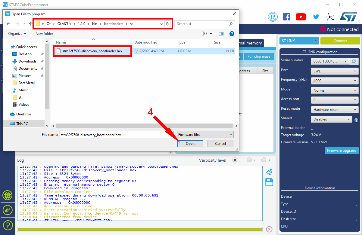 Bootloader Flashing Instructions for ST boards Qt for MCUs 1.8