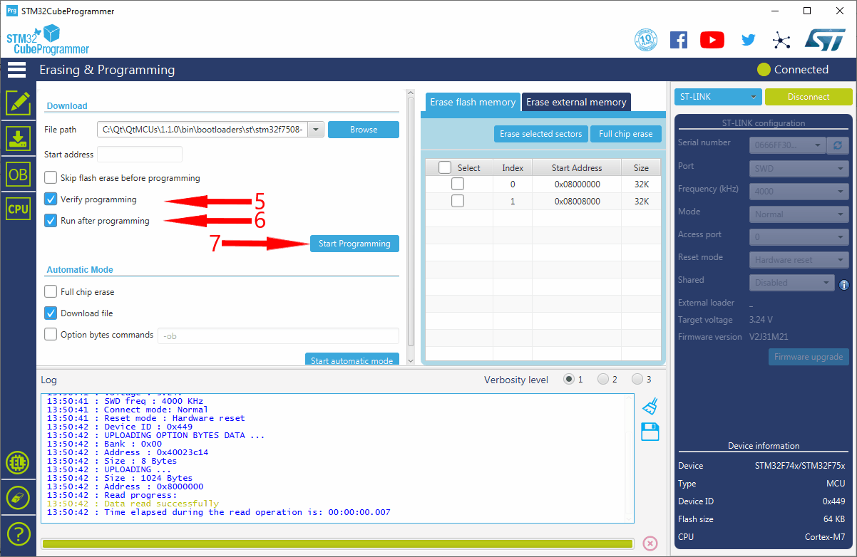 Bootloader Flashing Instructions for ST boards Qt for MCUs 1.6