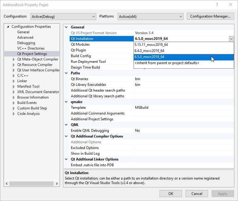 Select Qt versions for a project Qt VS Tools