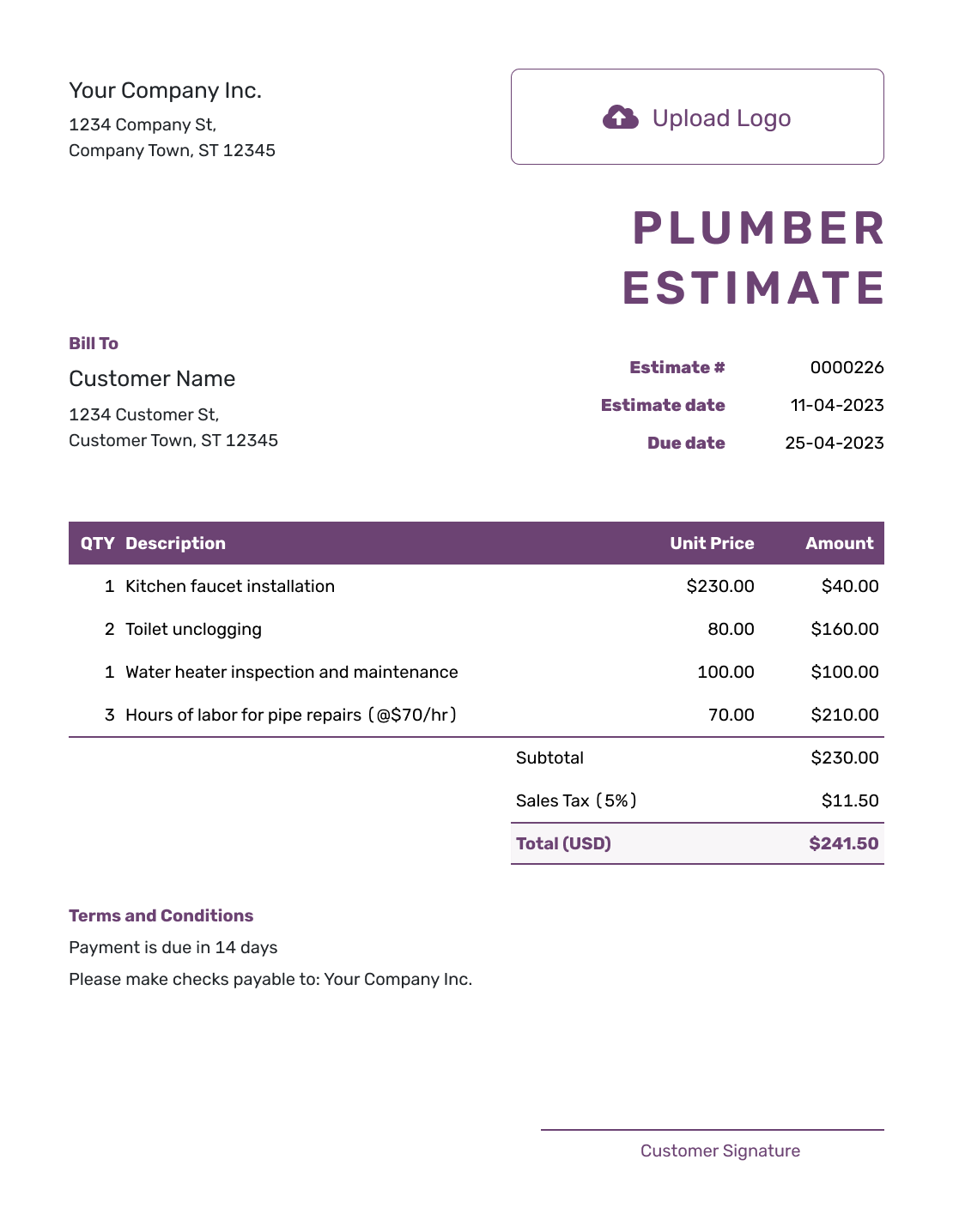 Free Plumber Estimate Template