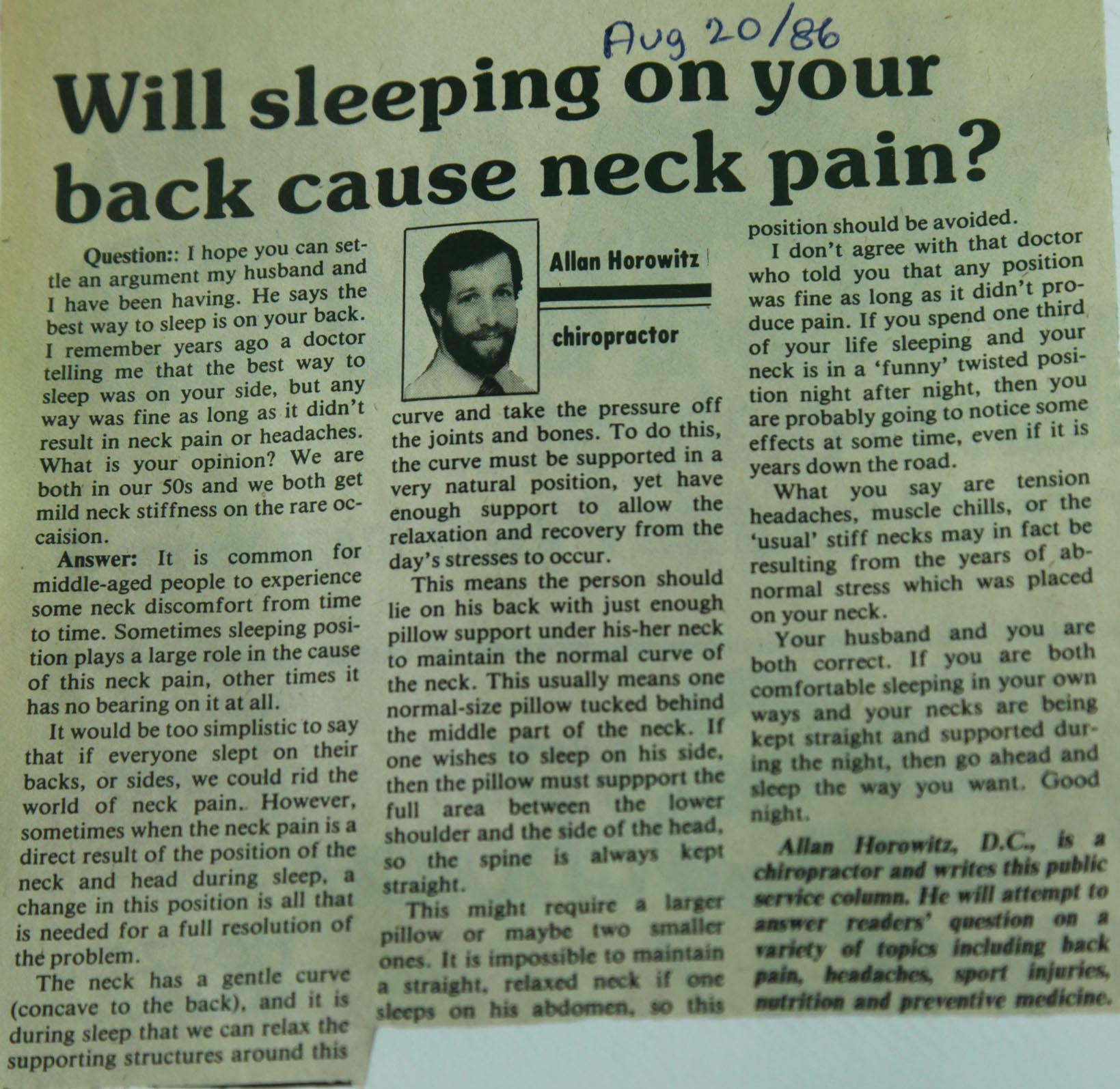 Will Sleeping on Your Back Cause Neck Pain? Dr. Allan Horowitz