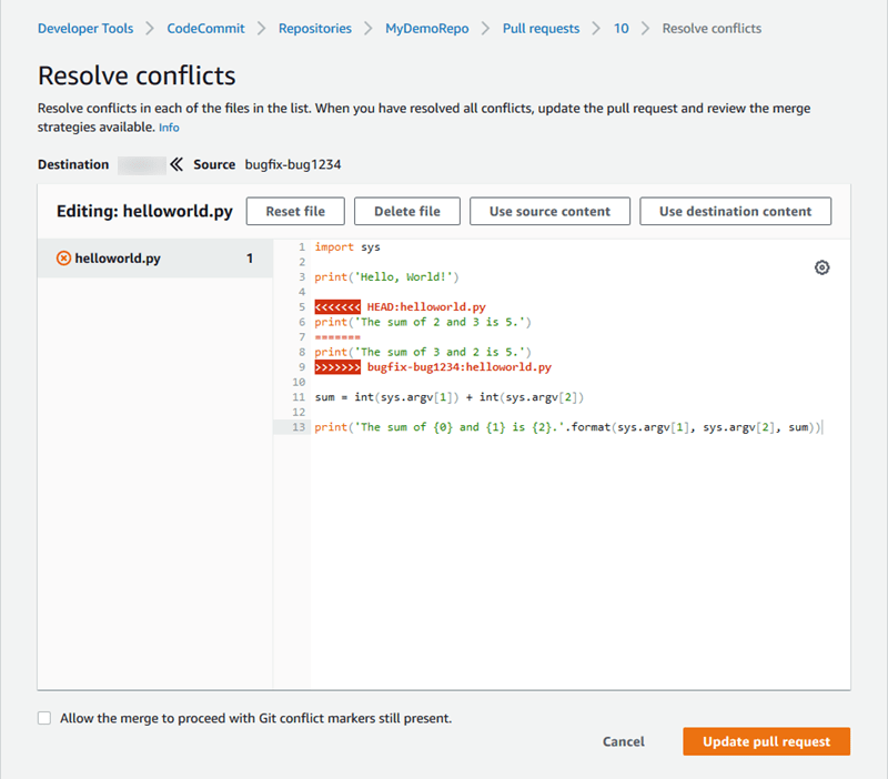 Resolve conflicts in a pull request in an Amazon repository