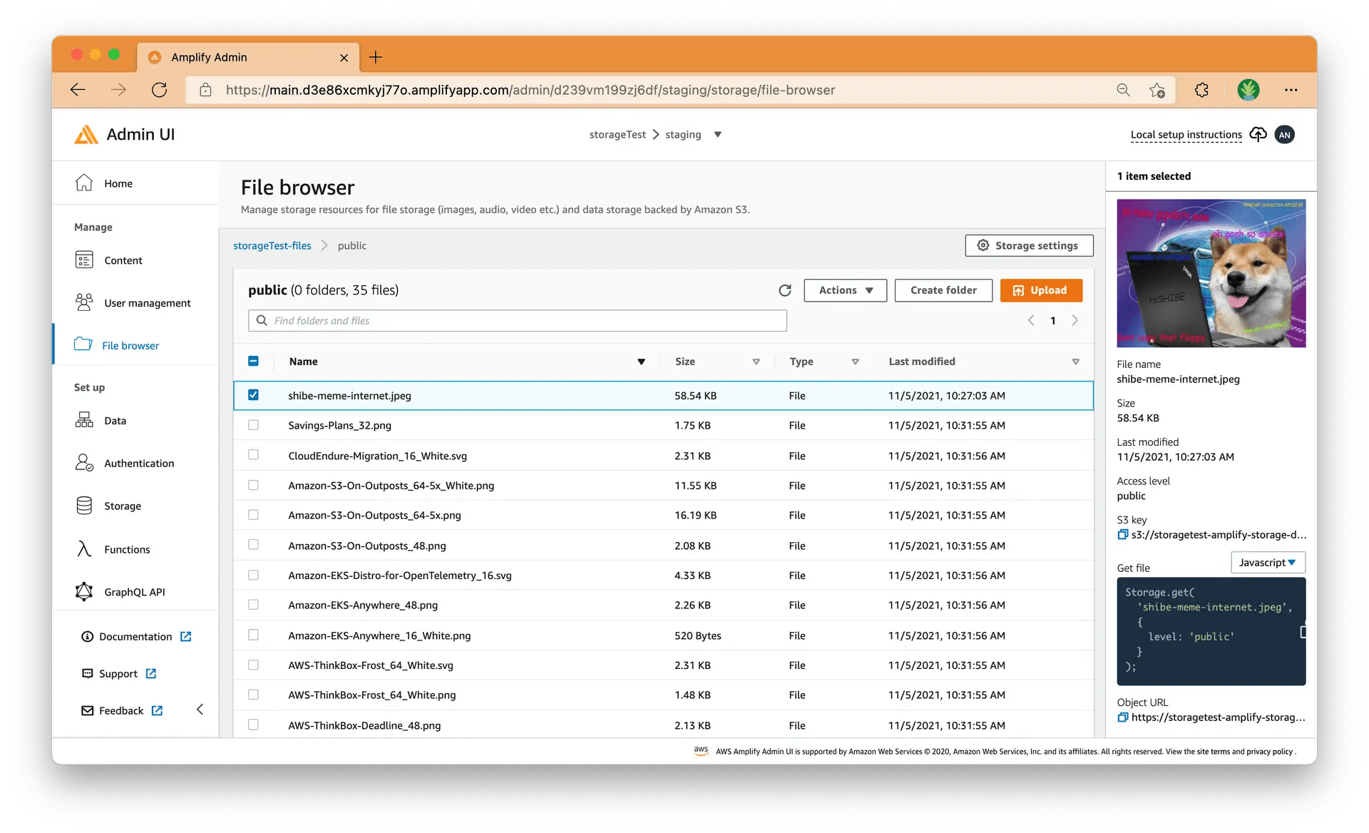 File browser Vue AWS Amplify Gen 1 Documentation