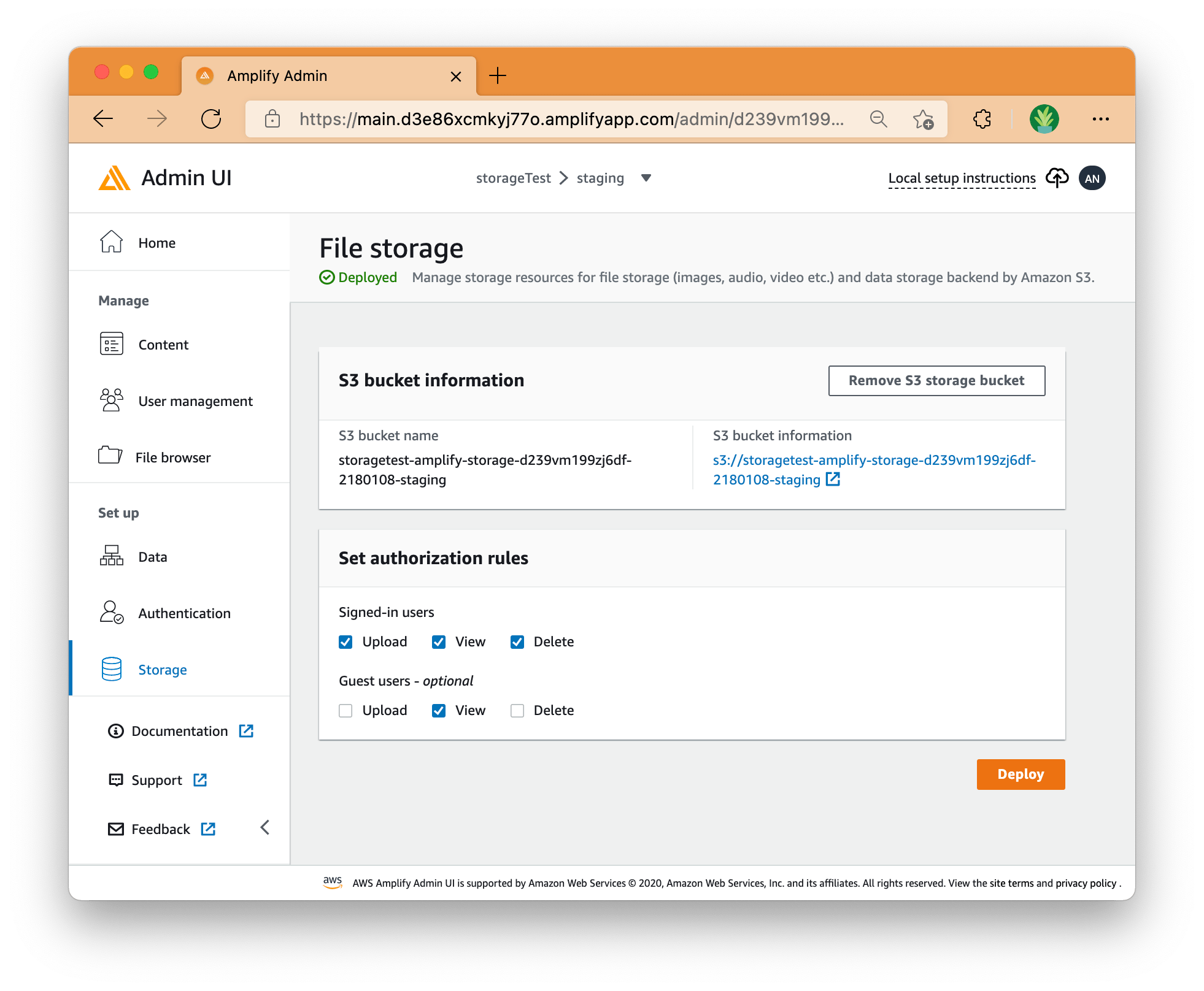 Amplify Studio storage start page