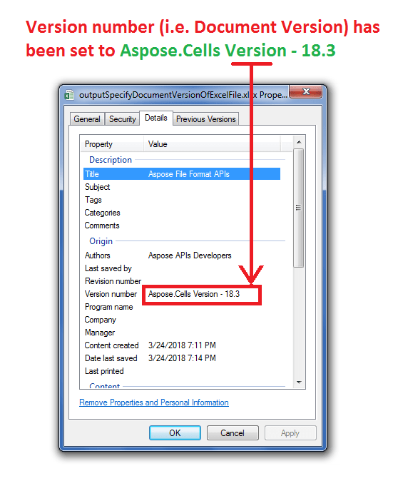 ビルドインドキュメントプロパティを使用してExcelファイルのドキュメントバージョンを指定するDocumentation