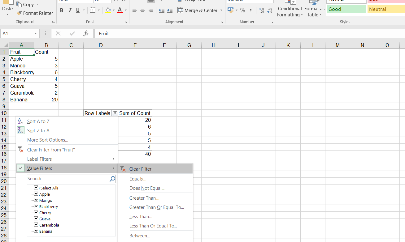 Clear filter in Pivot TableDocumentation