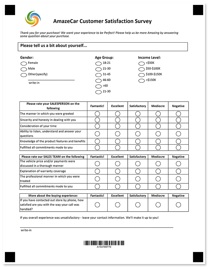 Customer satisfaction survey with table layoutDocumentation